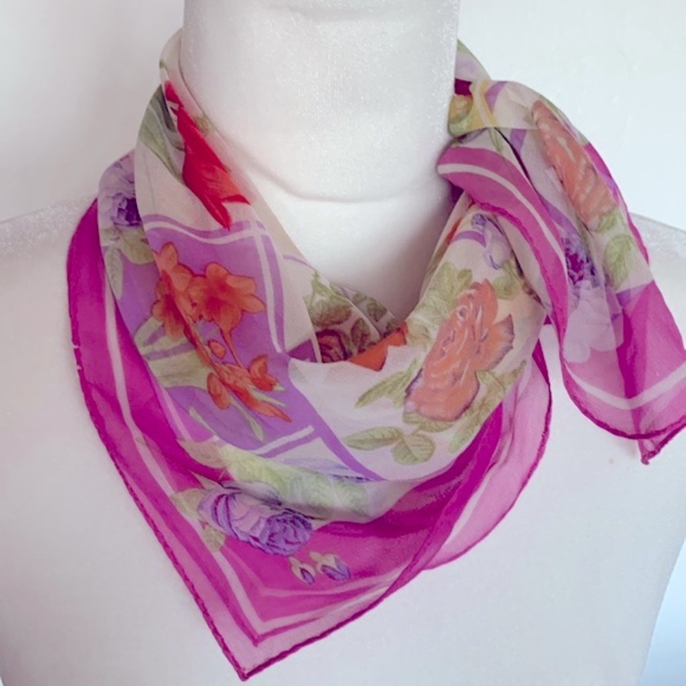 Vintage Silk Chiffon Floral Scarf